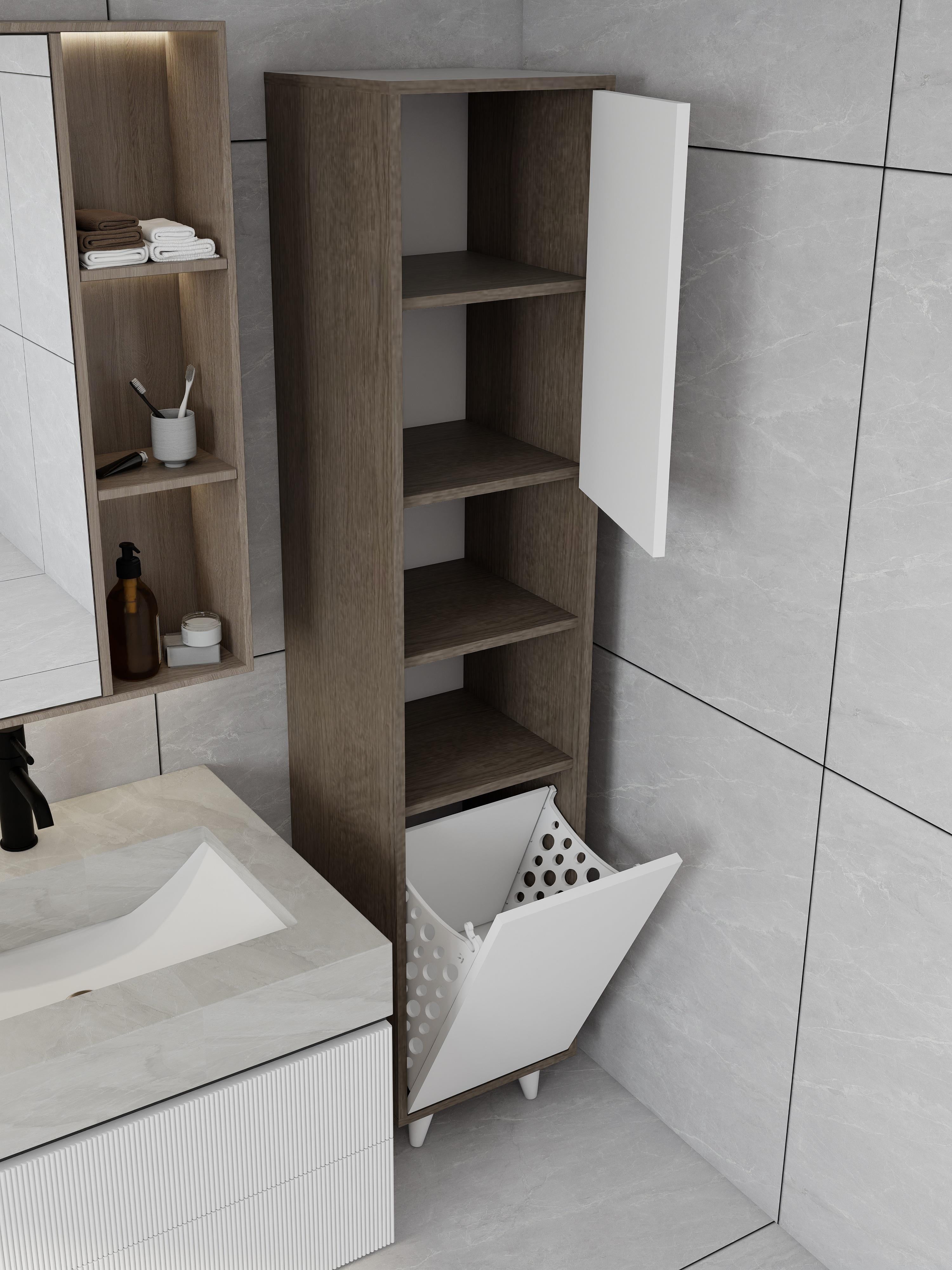 Riva Çamaşır Sepetli Banyo Dolabı Antrasit Meşe Renk