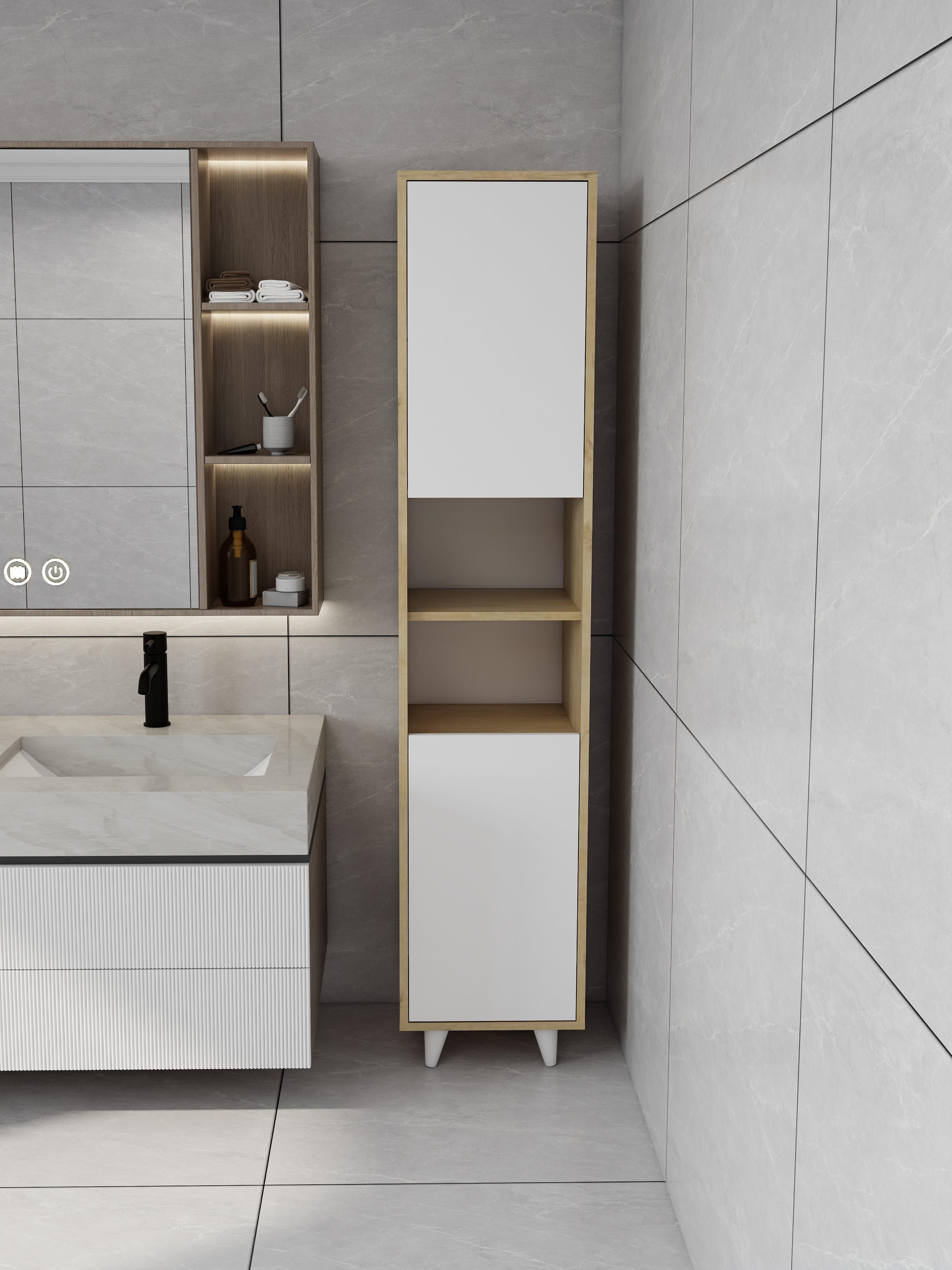 Riva Çamaşır Sepetli Banyo Dolabı Lefkaş Meşe Renk