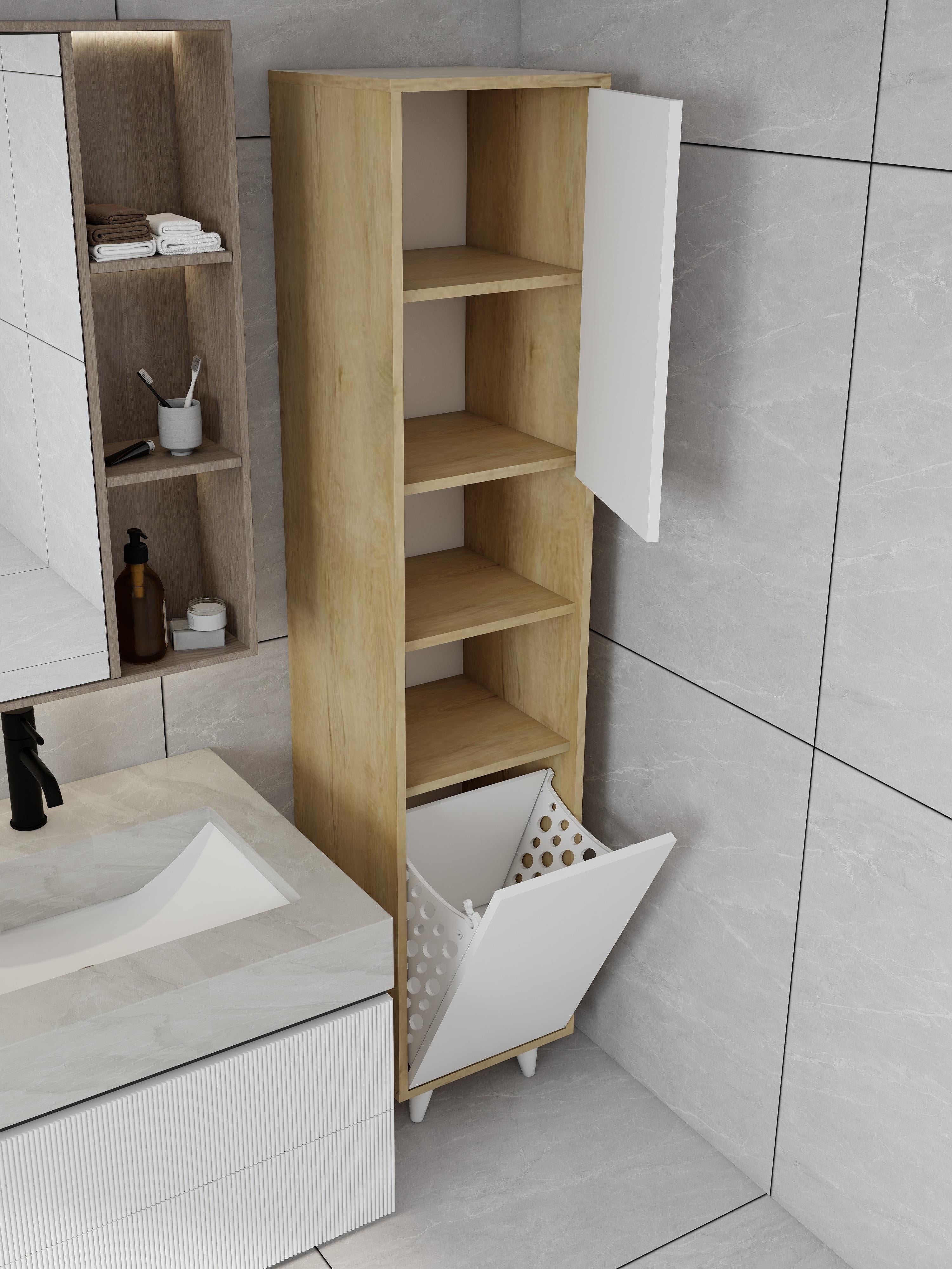 Riva Çamaşır Sepetli Banyo Dolabı Lefkaş Meşe Renk