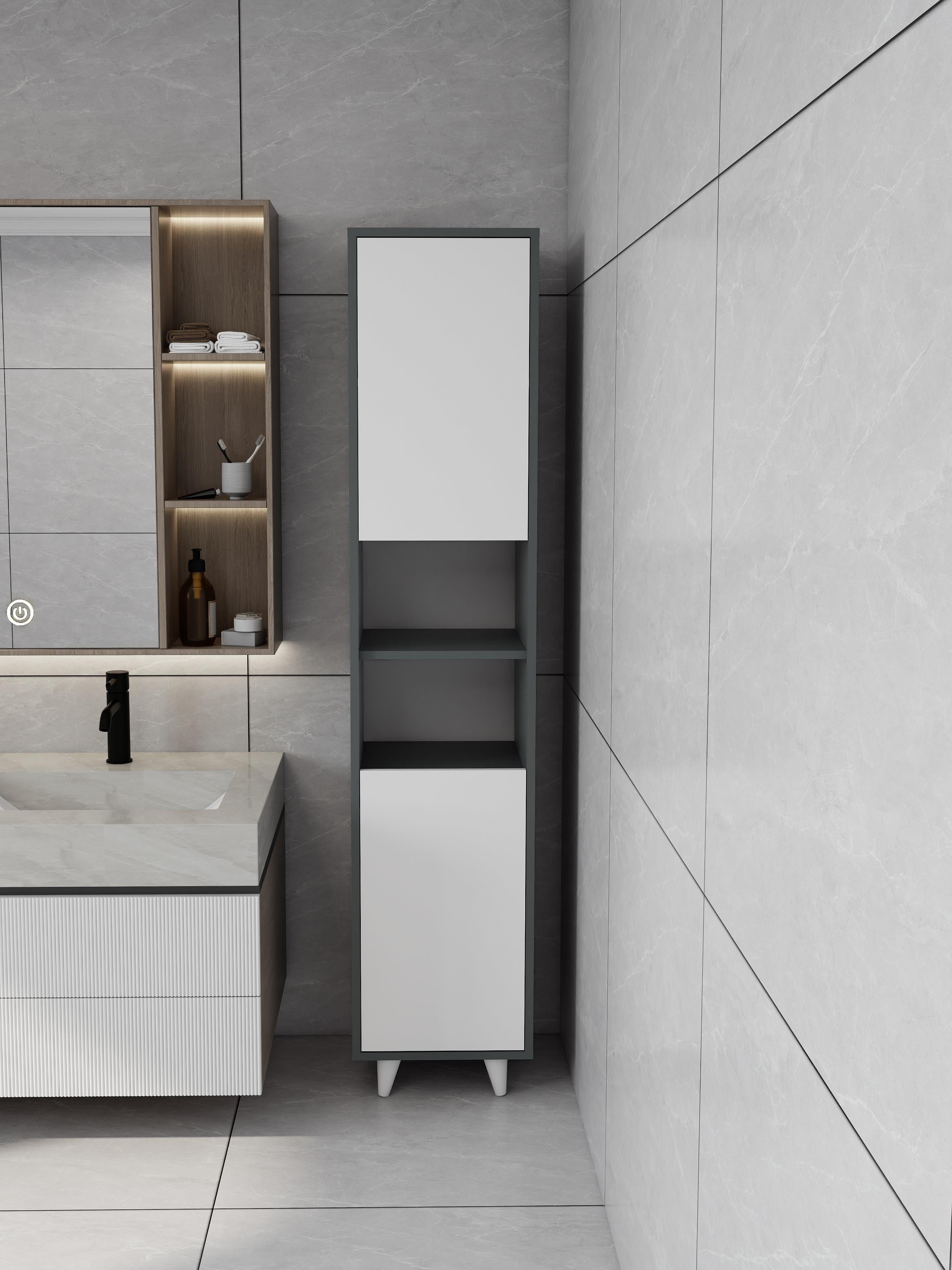Riva Çamaşır Sepetli Banyo Dolabı Koyu Gri Renk