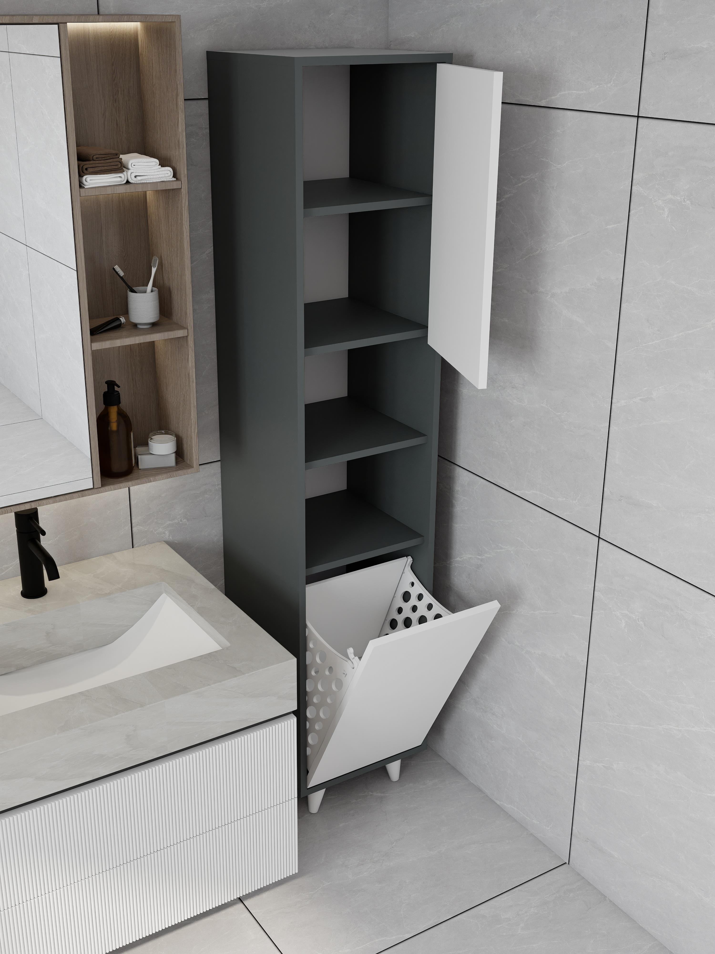 Riva Çamaşır Sepetli Banyo Dolabı Koyu Gri Renk