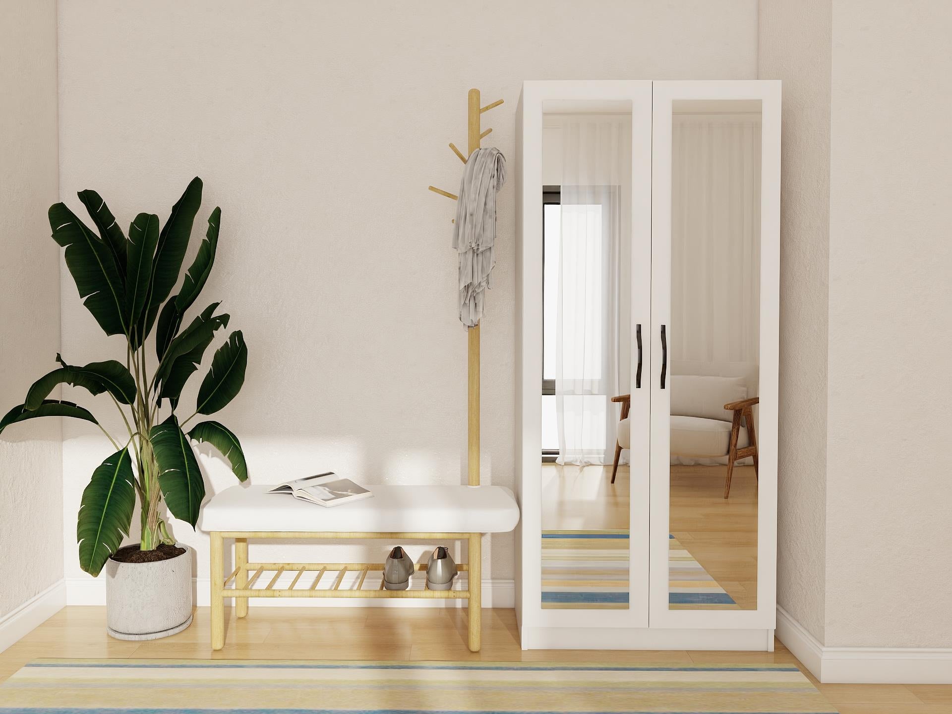 Limila 2 Kapaklı Aynalı Beyaz Renk Portmanto