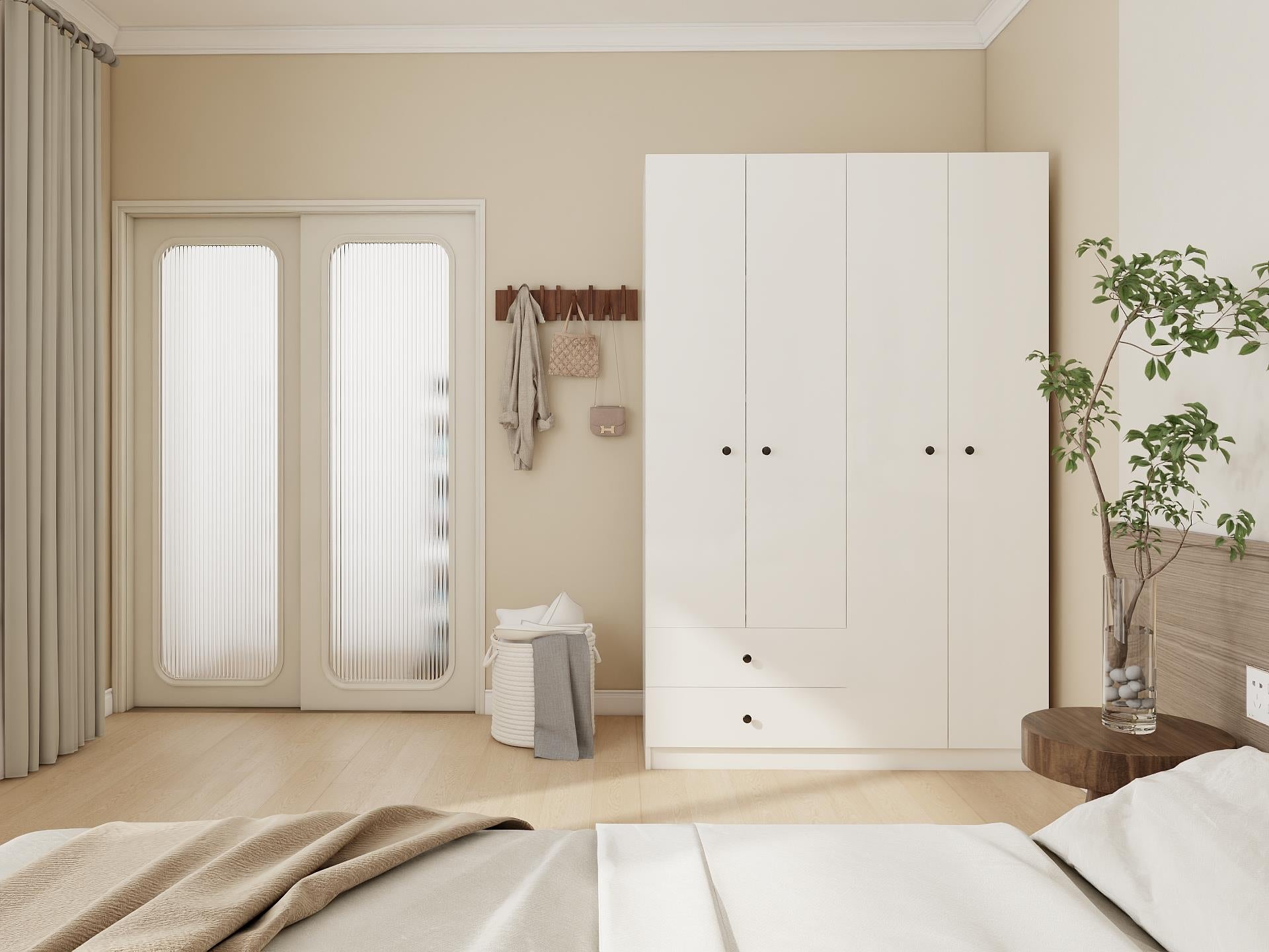 4 Kapaklı 2 Çekmeceli Gardırop Beyaz Renk