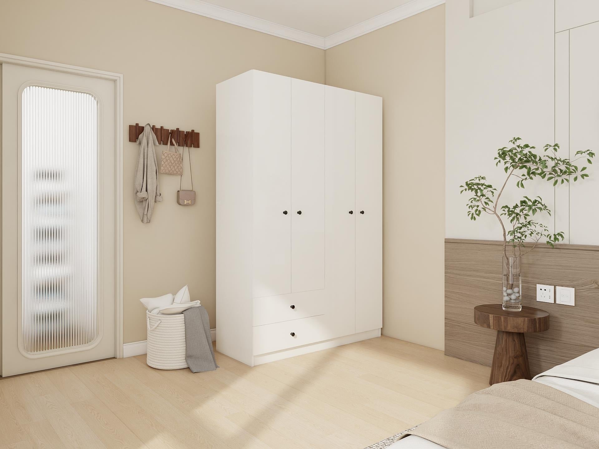 4 Kapaklı 2 Çekmeceli Gardırop Beyaz Renk